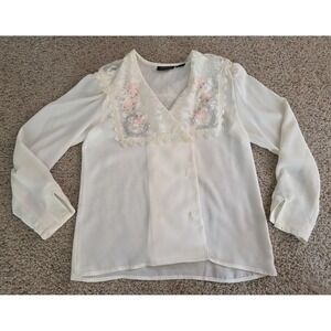 Nilani Vintage Blouse Womens 7/8 Modest White Long Sleeve Floral Lace Bib Collar